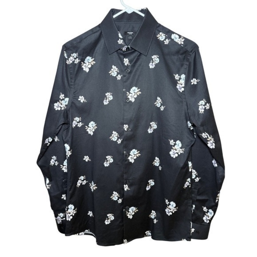 Express Slim Fit Floral Print Long Sleeve Button Down Shirt Mens Small Black NWT